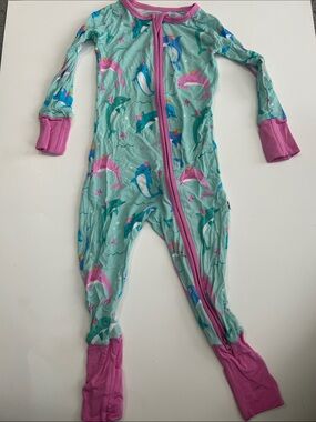Little Sleepies Aqua One-Piece Footie with Pink Trim and Dolphin Print